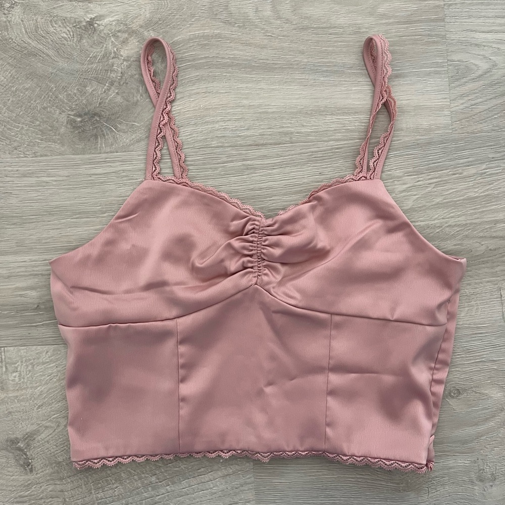 Pink satin lace trim tank